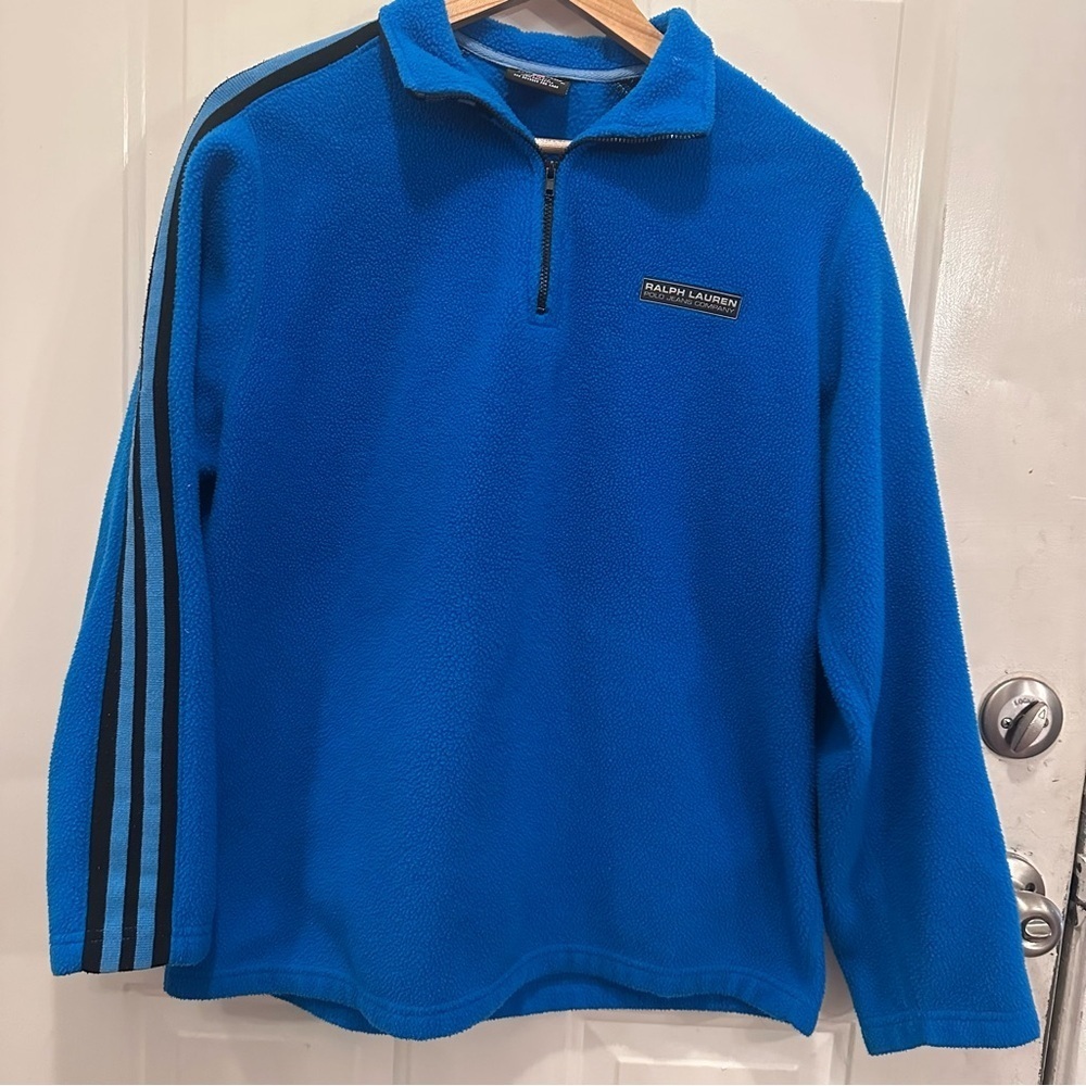 Vintage 90’s Men’s Ralph Lauren Blue Fleece with Black Stripes - Picture 1 of 5